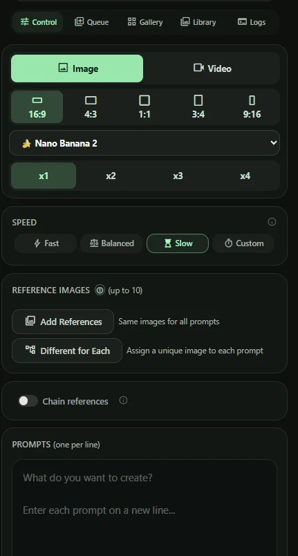 Hola Flow Control tab, showing the actual image generation and reference settings.